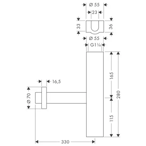 Schematische Darstellung eines Designsiphons von AXOR mit verschiedenen Maßen und spezifischen Details zur Installation, aus metallischem Material gefertigt.